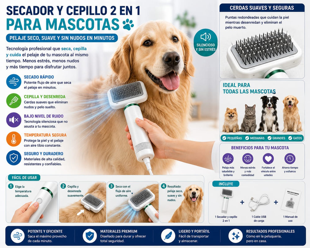 Secador y Cepillo 2 en 1 para Mascotas